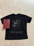King and Center engraved back print with Bible, black tee, flat lay