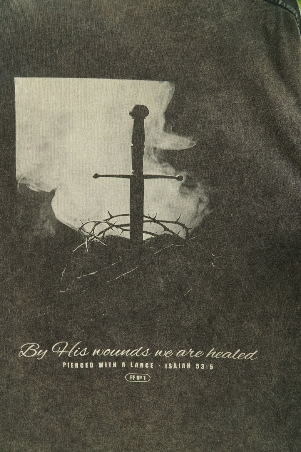 Pierced with a Lance engraving detail, sword and crown of thorns