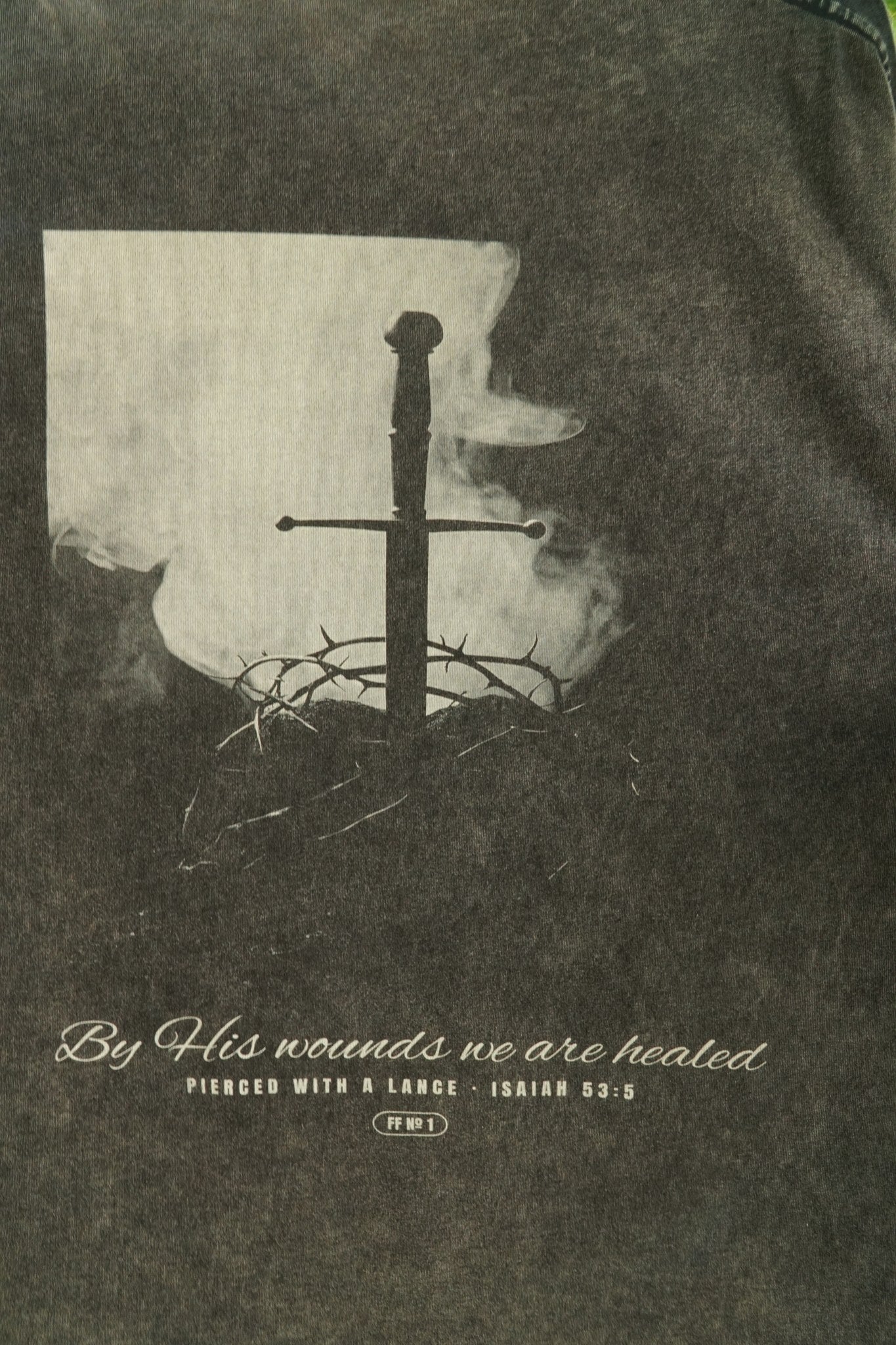 Pierced with a Lance engraving detail, sword and crown of thorns
