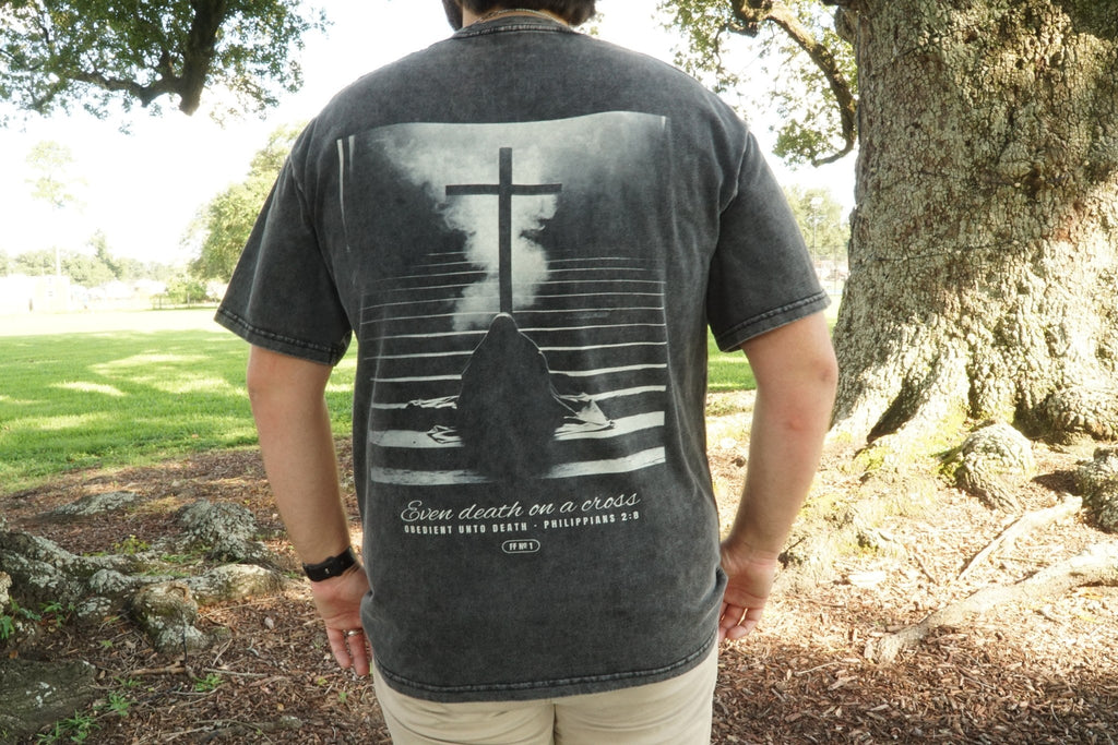 Obedient Unto Death worn, full back print