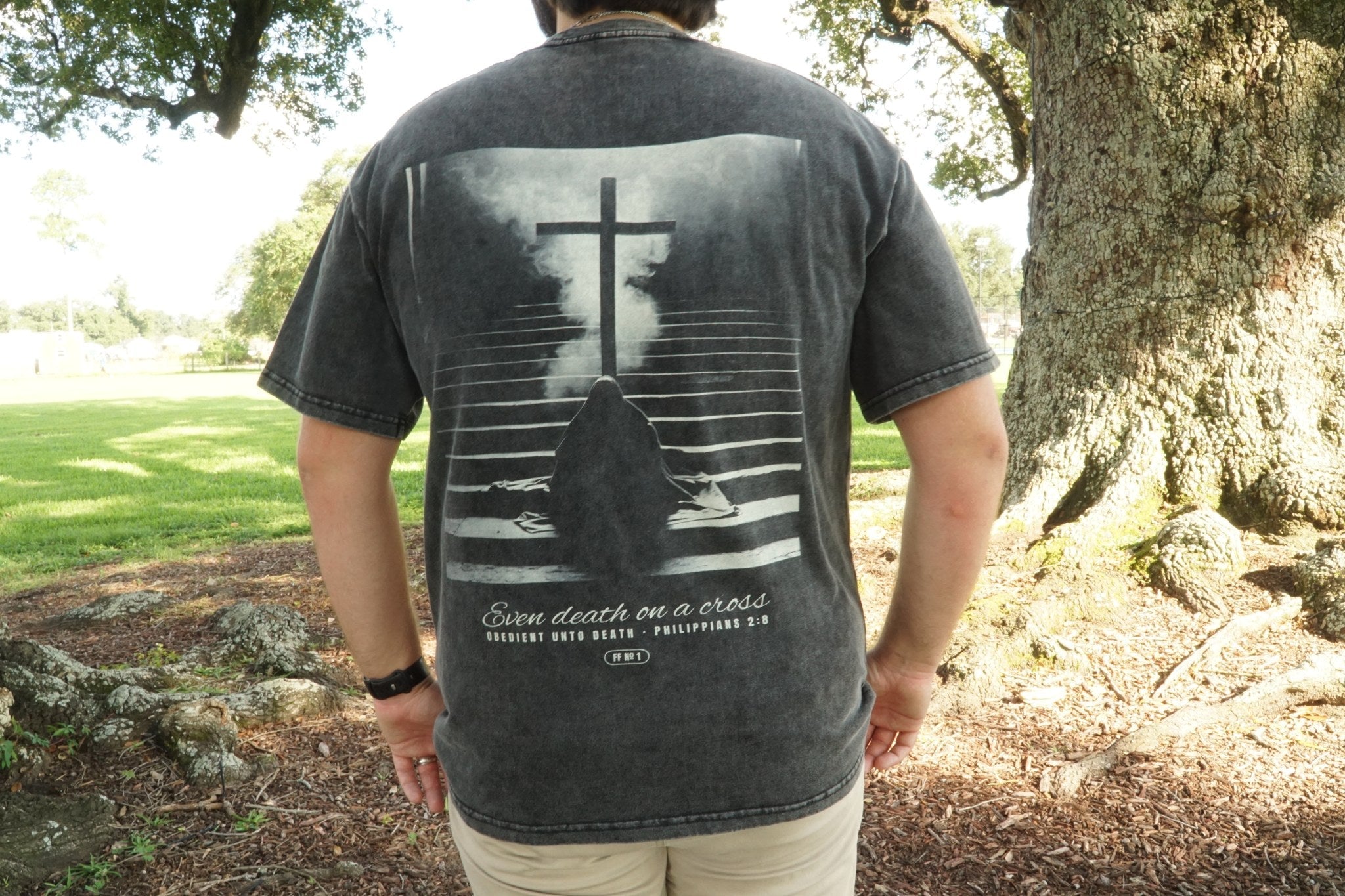 Obedient Unto Death worn, full back print