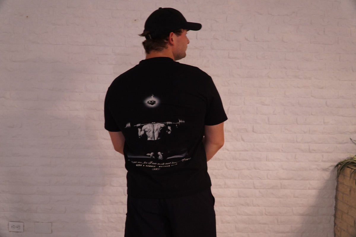 Meek and Humble back print worn, black heavyweight tee