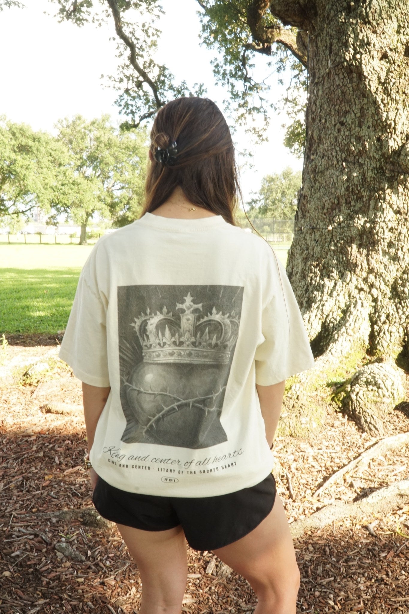 King and Center back print worn, cream heavyweight tee, golden hour