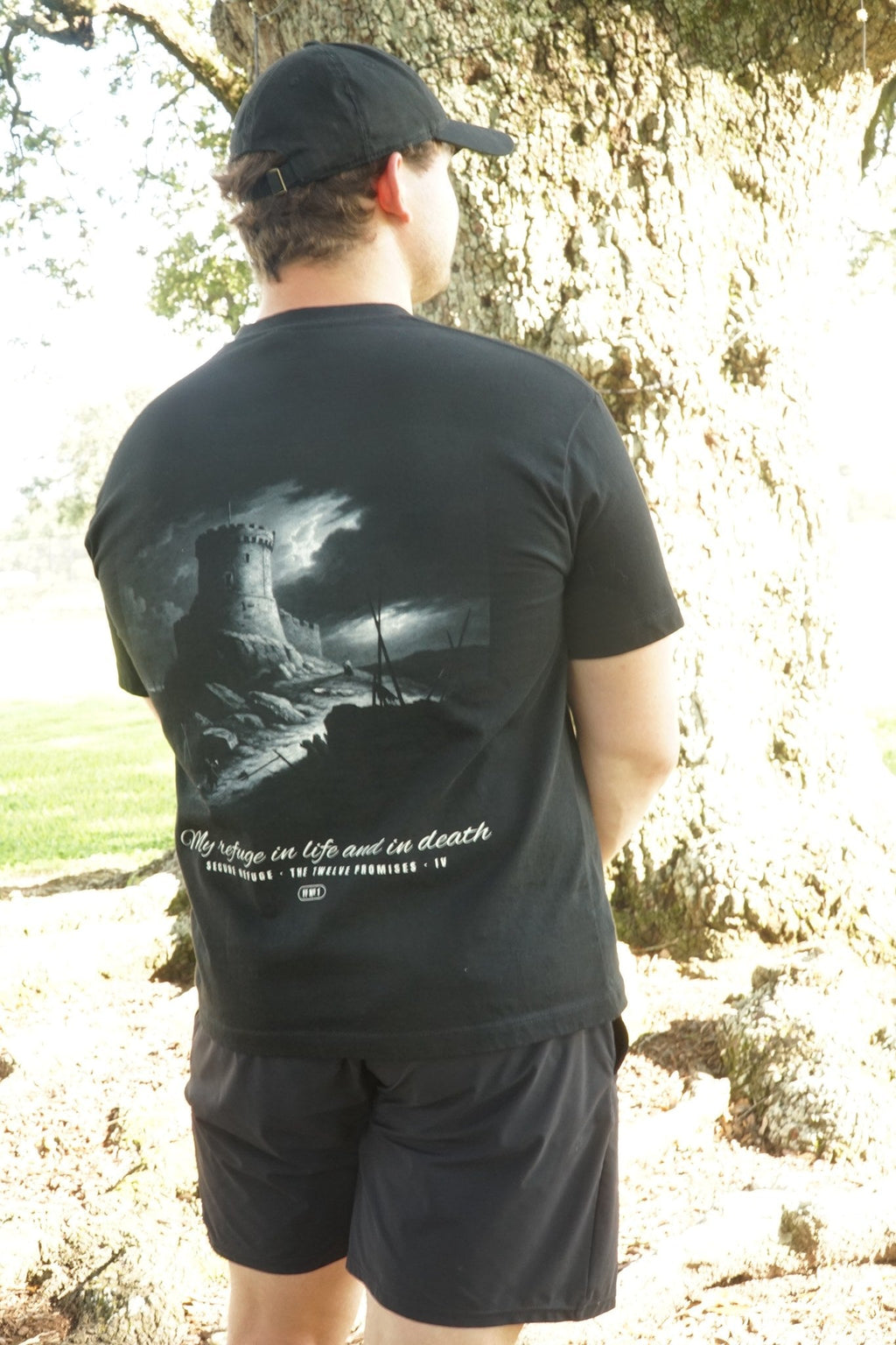 Secure Refuge back print worn, black heavyweight tee
