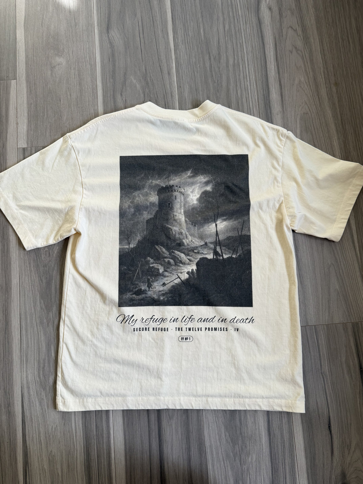 Secure Refuge back print, apricot tee, flat lay